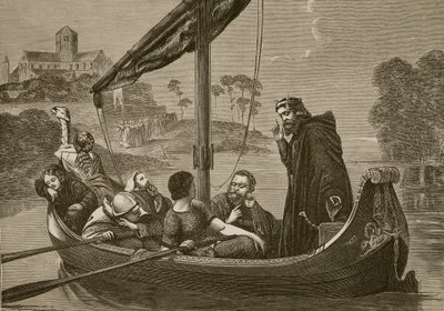 Canute aan de rivier de Nene luisterend naar het koor van Ely Minster, gegraveerd door F. Wentworth door William Cave Thomas